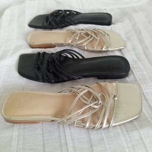 Marc Fisher Flat Strappy Sandals 2 PAIR Black Gold Slip On Low Heel Comfort SZ 6